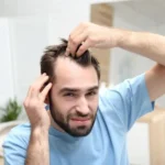 Man checking his scalp and thinning hairline in a mirror
