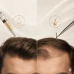 Split image comparing PRP scalp injection and hair transplant graft placement